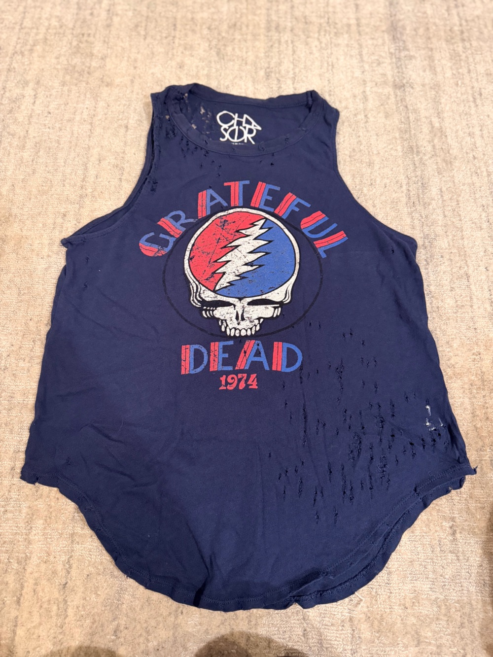 Chaser Distressed Grateful Dead Navy Graphic Tee with White Logo